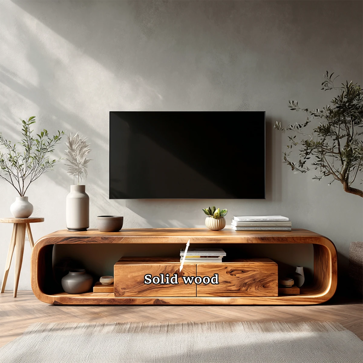 Contemporary TV stand with soft curved edges and storage creates a balanced, organic look