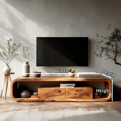 Natural wood media console with rounded frame and drawers complements a modern minimalist space