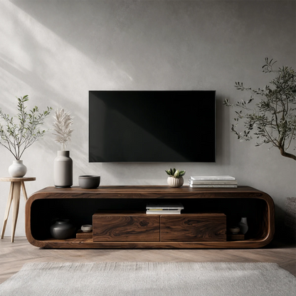 A curved media console in natural wood tone adds soft lines and storage to this modern interior