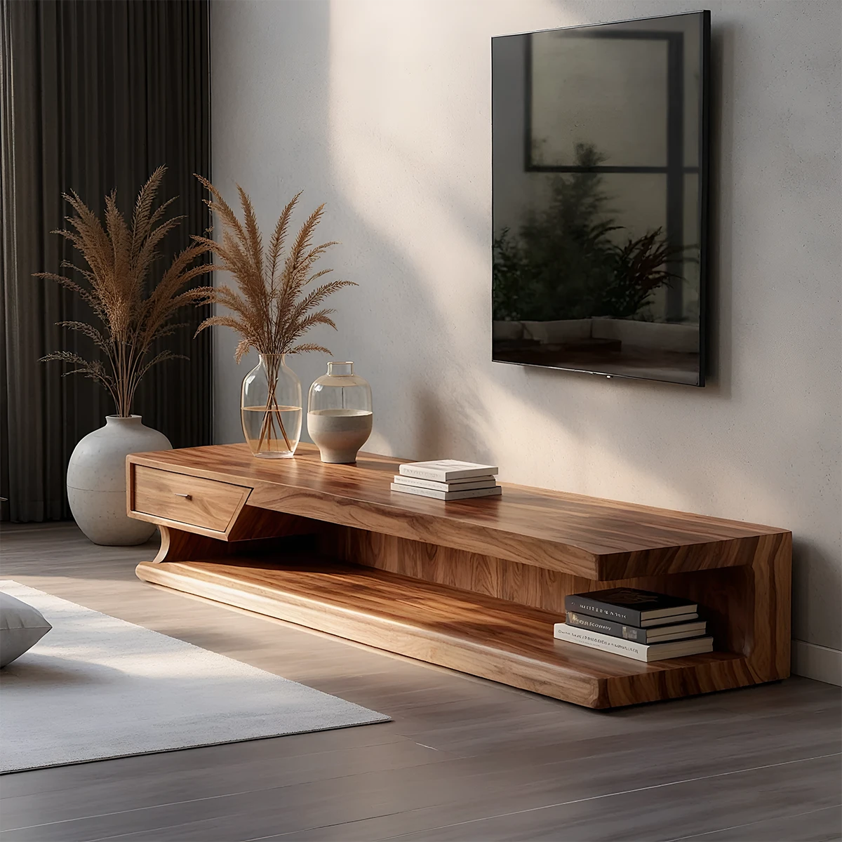 Modern solid wood TV stand with low profile design styled in a minimalist living room setting