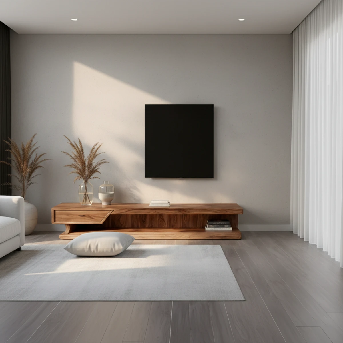 A sleek media console in natural wood with clean lines enhances this contemporary entertainment area