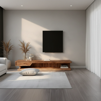 A sleek media console in natural wood with clean lines enhances this contemporary entertainment area