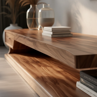 Low profile TV stand crafted from solid wood adds warmth and balance beneath wall-mounted screen
