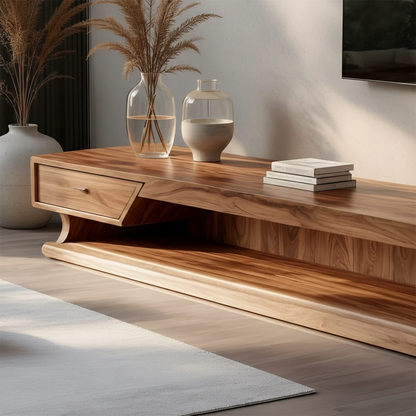 In this calm interior, a modern wood media console creates a grounded and refined focal point