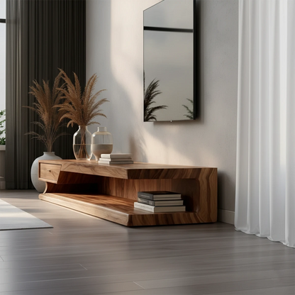 Contemporary TV stand with extended low design offers functional storage and minimalist appeal