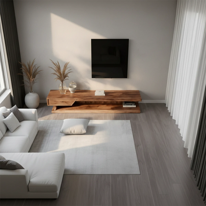 A solid wood media console with clean horizontal form complements this modern living space