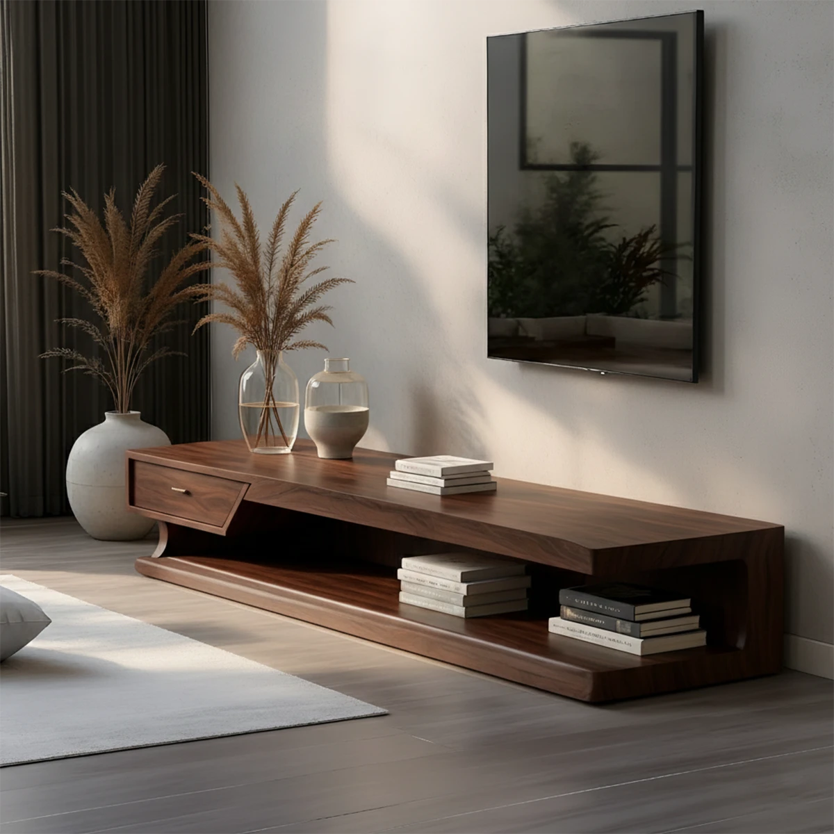 Minimalist living room styled with a low wood TV stand featuring subtle storage and smooth finish
