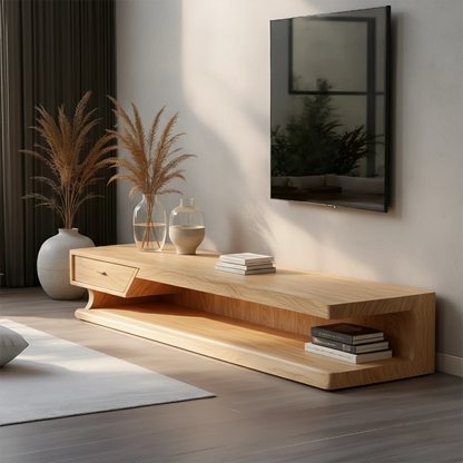This modern TV stand showcases a streamlined design in natural wood for a clean interior look