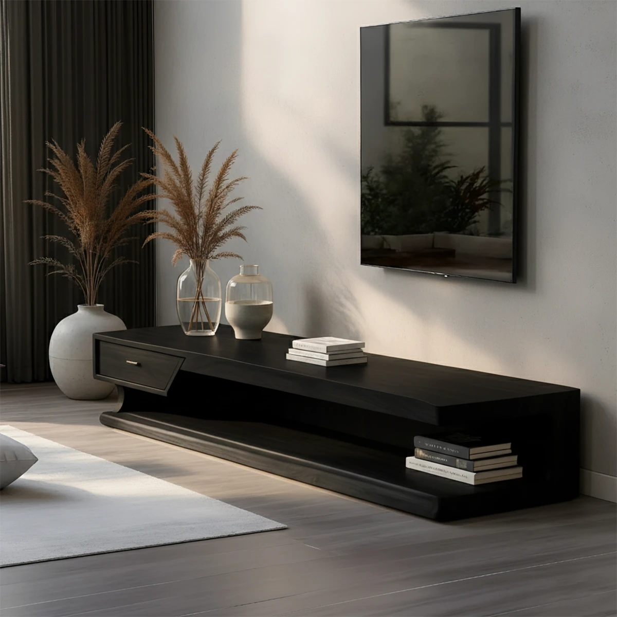 Refined entertainment space featuring a low profile media console in solid wood construction
