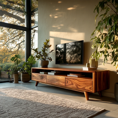 Mid century modern TV stand in solid wood with storage drawers and open shelf for living room