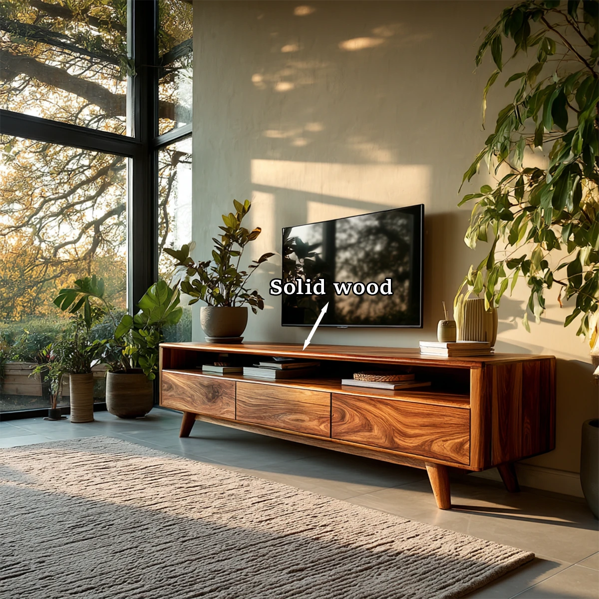 Contemporary TV stand with storage drawers and open shelf adds balance to modern interiors