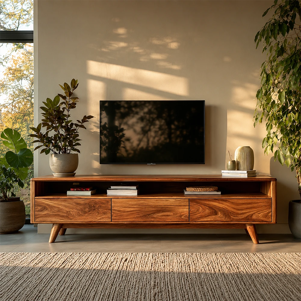 Wooden TV stand with a television, books, and decorative items in a room with plants and natural light.