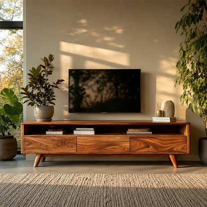 Wooden TV stand with a television, books, and decorative items in a room with plants and natural light.