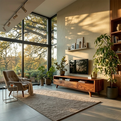 A modern media console with tapered legs and storage blends warmth with functional design