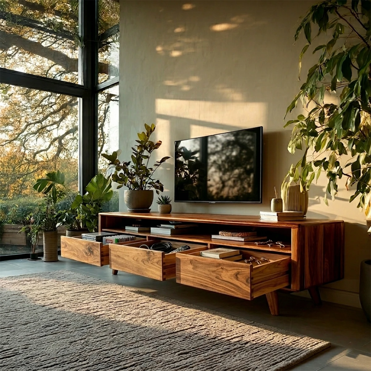 Solid wood TV stand with drawers and open shelf creates a cozy and contemporary living space