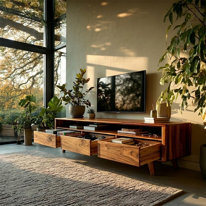 Solid wood TV stand with drawers and open shelf creates a cozy and contemporary living space