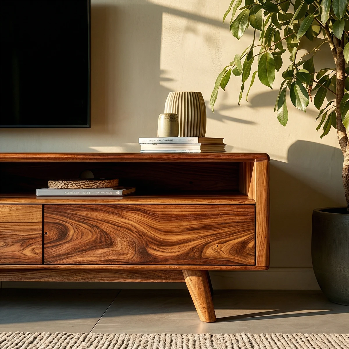 In this sunlit room, a modern TV console adds storage and natural wood texture to the interior