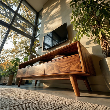 Low profile TV stand with storage drawers and open shelf fits a modern minimalist living room