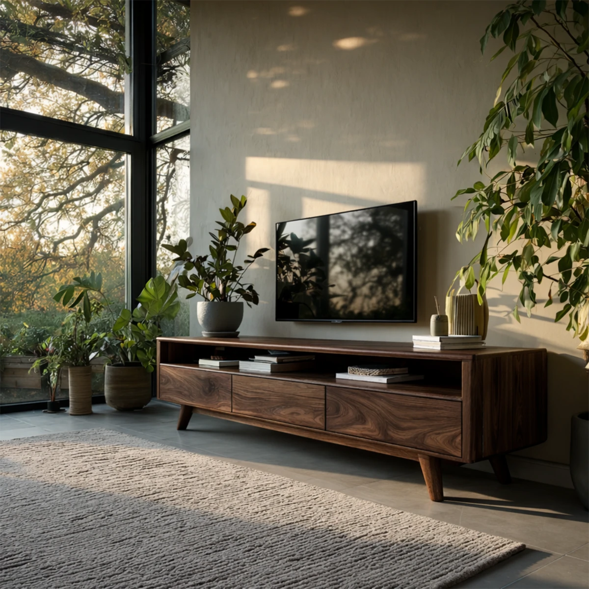 A wooden TV stand with open shelf and drawers offers practical storage in a modern home