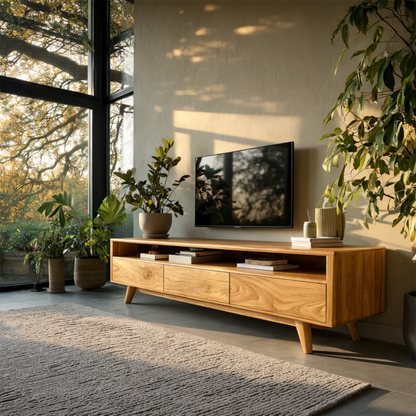 Modern TV console with storage and sleek silhouette enhances a bright and airy living room