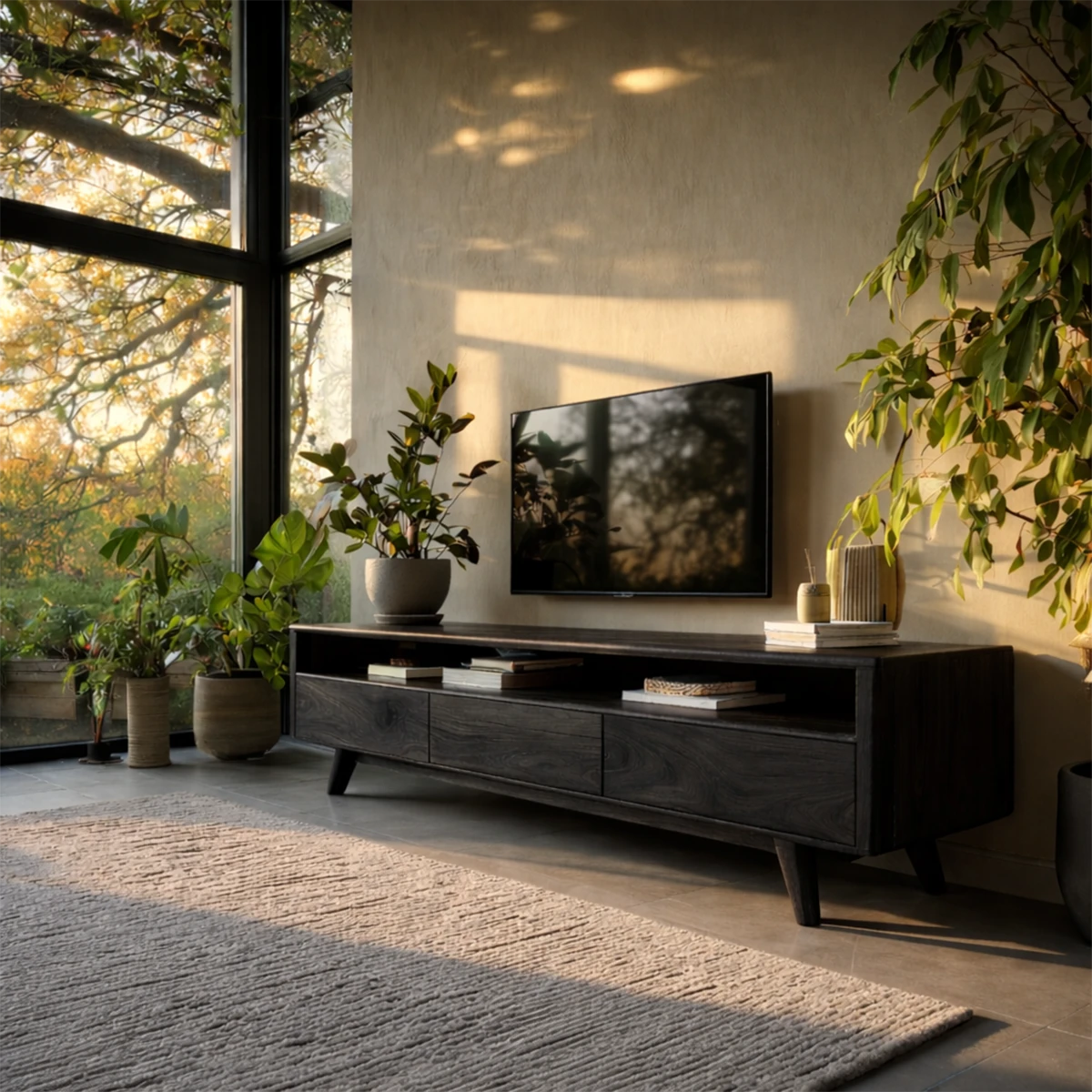 Designed for function, this solid wood media console includes drawers and open display space