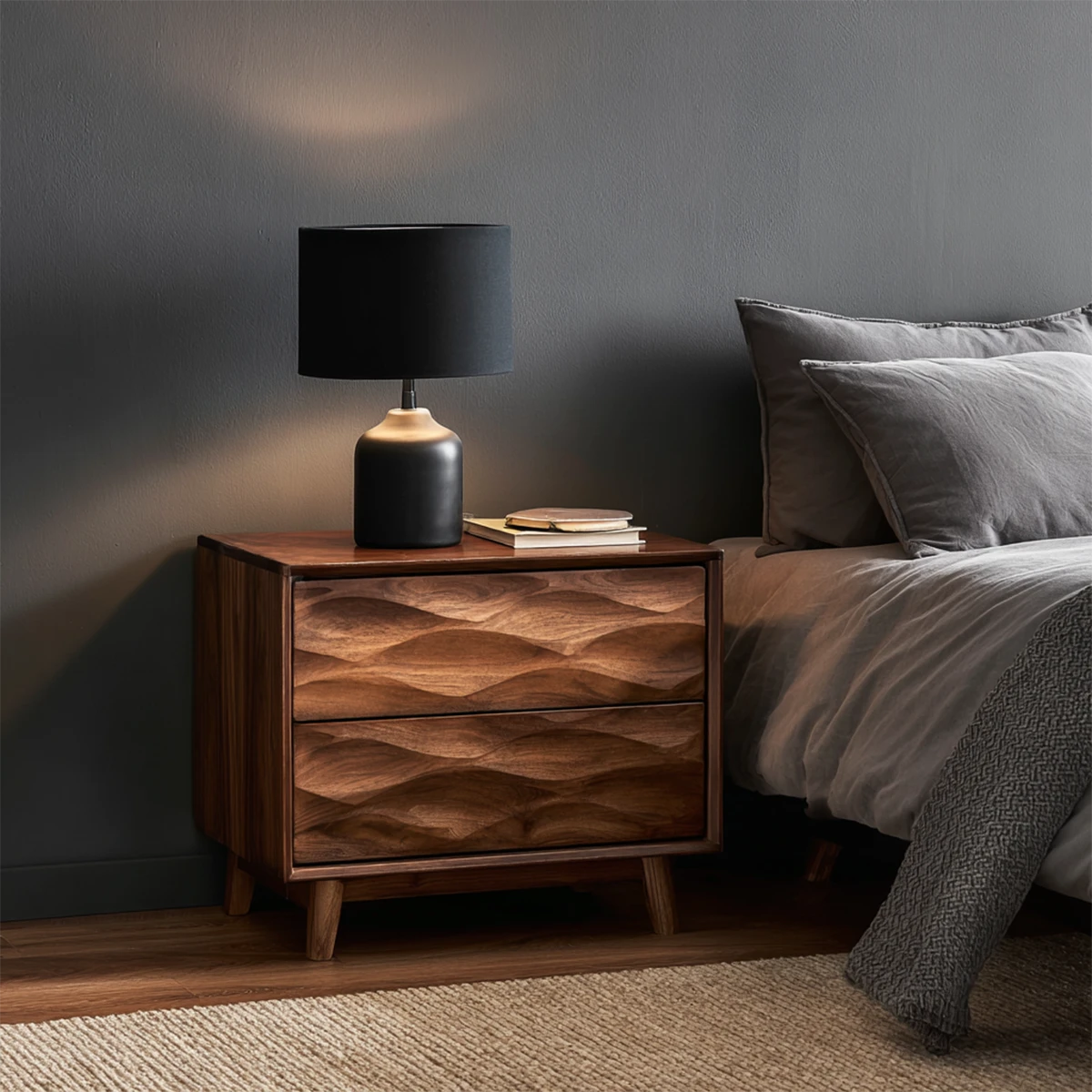 Modern textured nightstand featuring sculpted drawer fronts and smooth walnut tone finish bedside décor