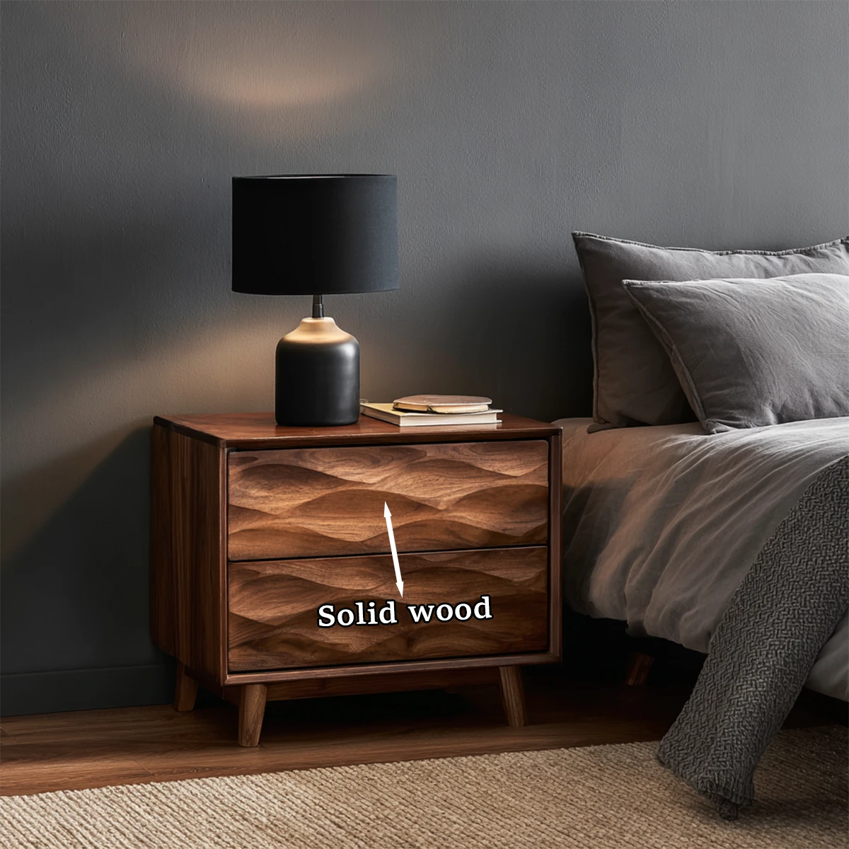 Artistic nightstand table featuring bold drawer texture and elegant walnut tone finish detail