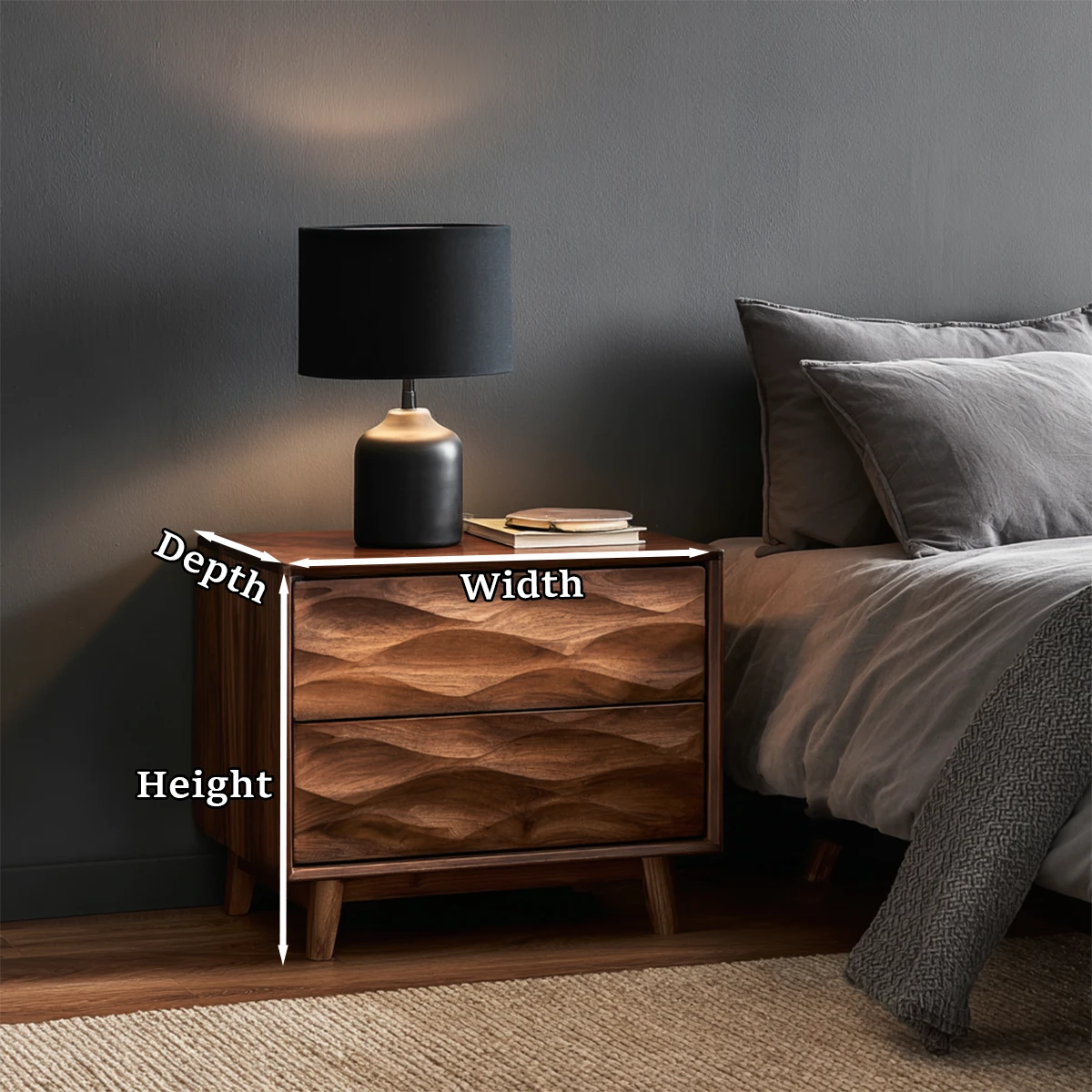 Statement bedroom nightstand showcasing contemporary carved pattern and warm walnut tone finish
