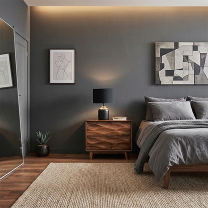 Contemporary bedside table showcasing layered wave pattern and refined walnut tone finish detail