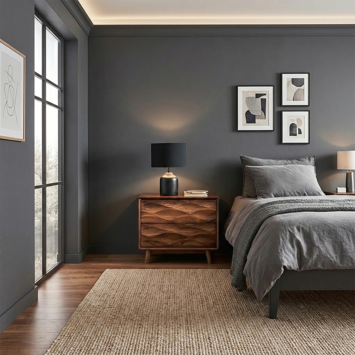 Elegant bedroom nightstand designed with carved texture surface and warm walnut tone finish