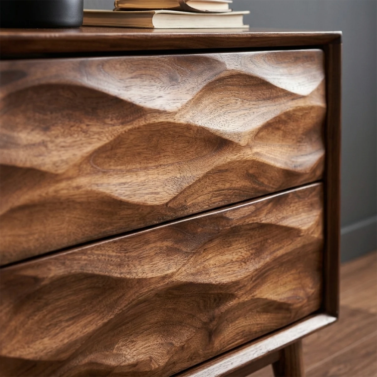 Stylish bedside cabinet featuring dimensional drawer design and polished walnut tone finish