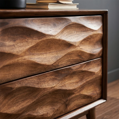 Stylish bedside cabinet featuring dimensional drawer design and polished walnut tone finish