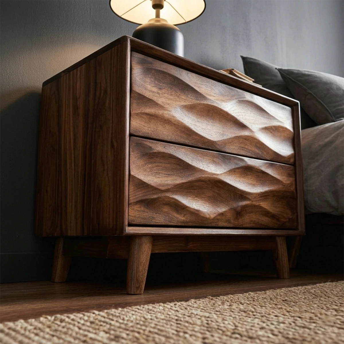 Decorative modern nightstand displaying flowing textured panels and rich walnut tone finish