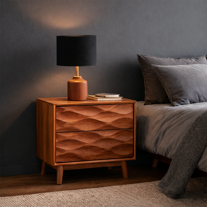 Luxury bedside storage unit featuring artistic front pattern and refined brown tone finish