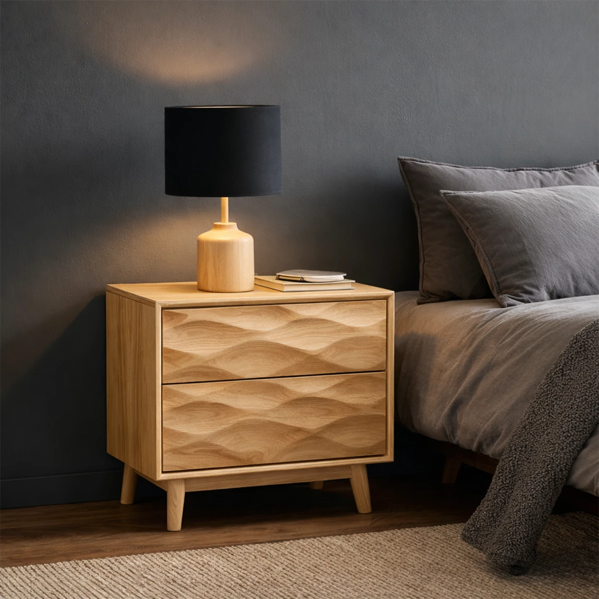 Minimalist bedroom nightstand showcasing clean frame and textured oak tone finish surface