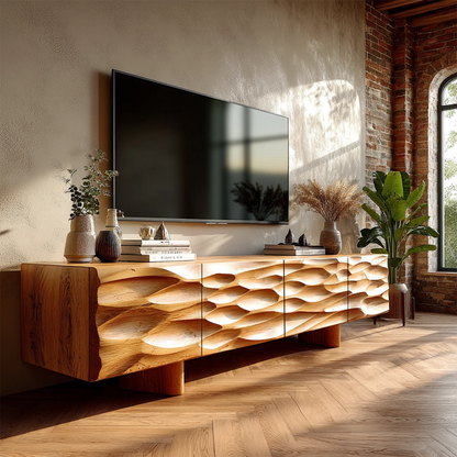 Textured TV stand with carved front panels and natural wood finish in modern living room