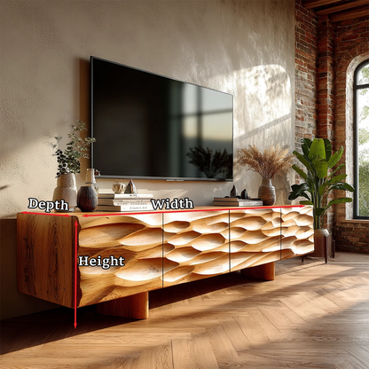 Statement TV stand with layered texture design and natural wood appearance indoors