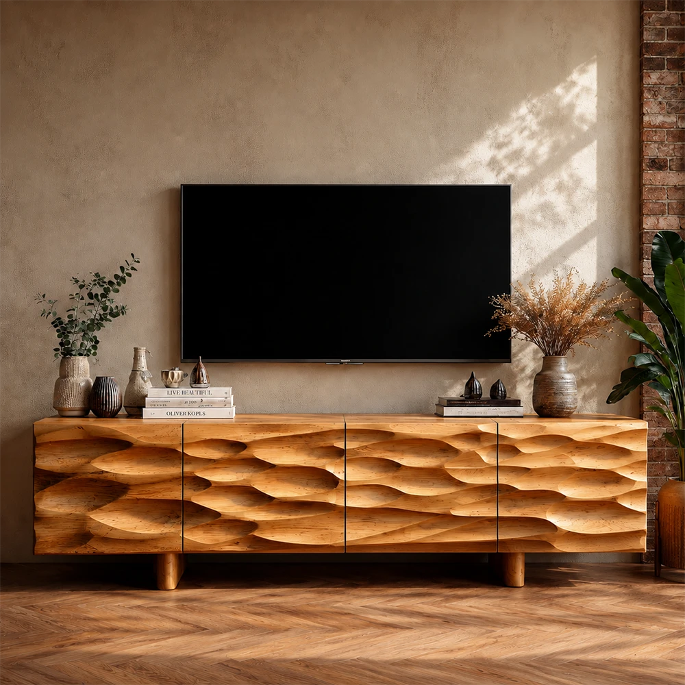 Wooden entertainment console with wavy pattern in a living room setting.