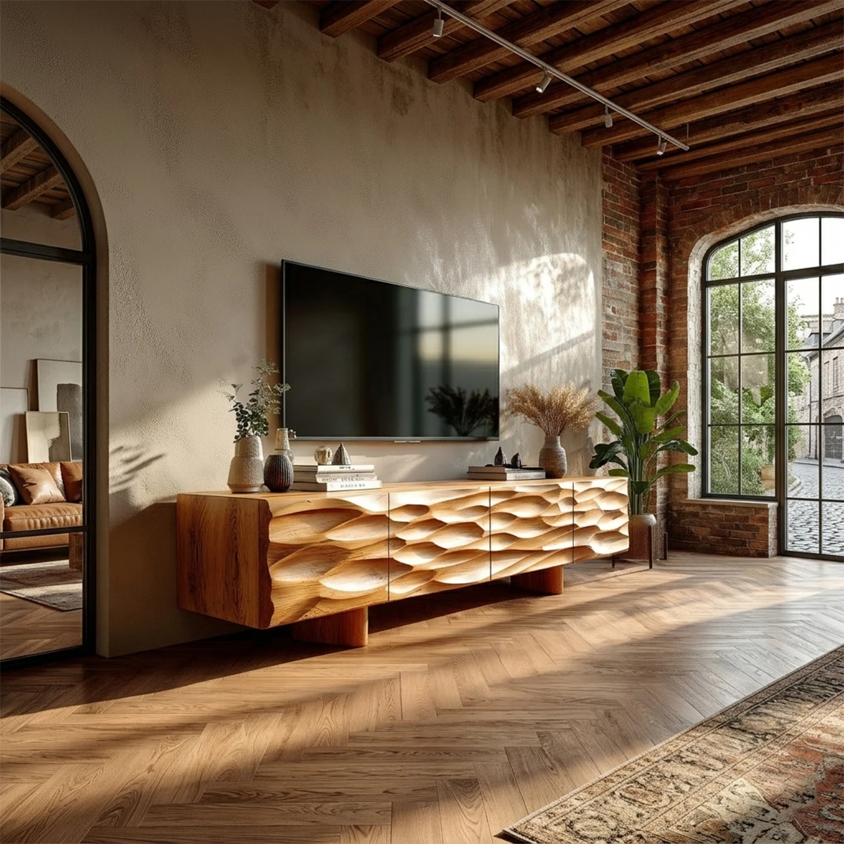 Modern media console featuring sculpted texture doors and natural wood look design