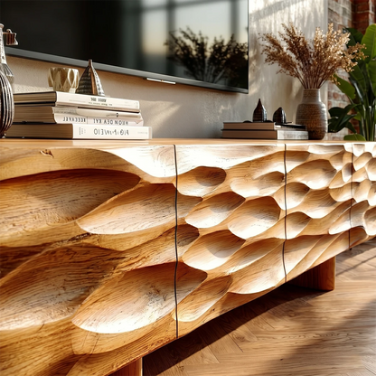 Contemporary TV stand with artistic carved surface and natural wood tone for interiors