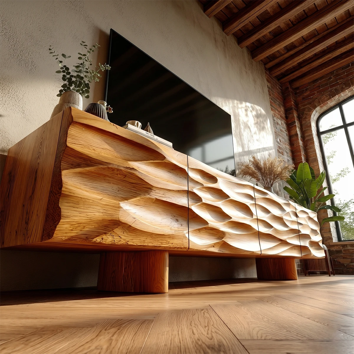 Low profile media unit with textured front and natural wood finish in stylish home