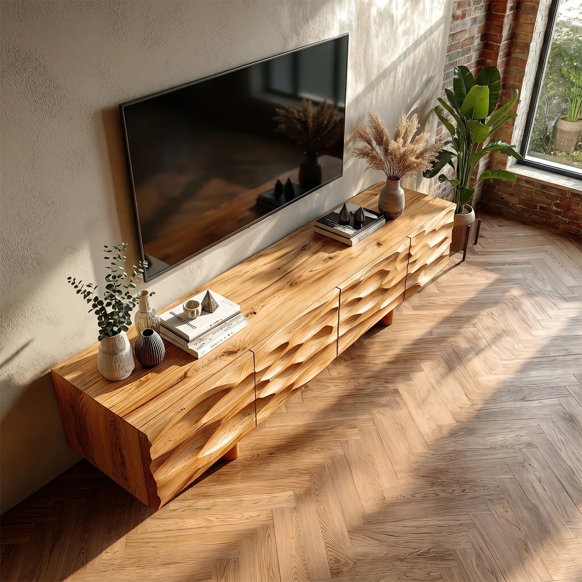 Designer TV console with 3D carved pattern and natural wood appearance in living room