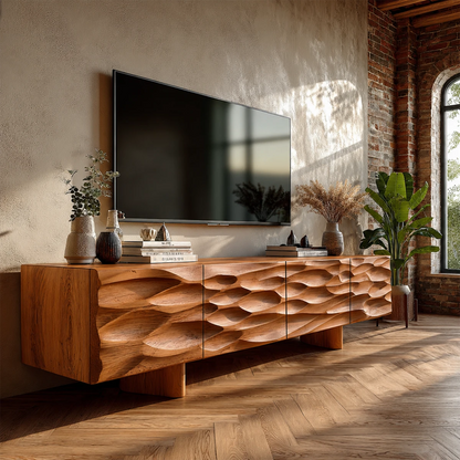 Sculptural media cabinet with textured facade and natural wood finish for modern spaces