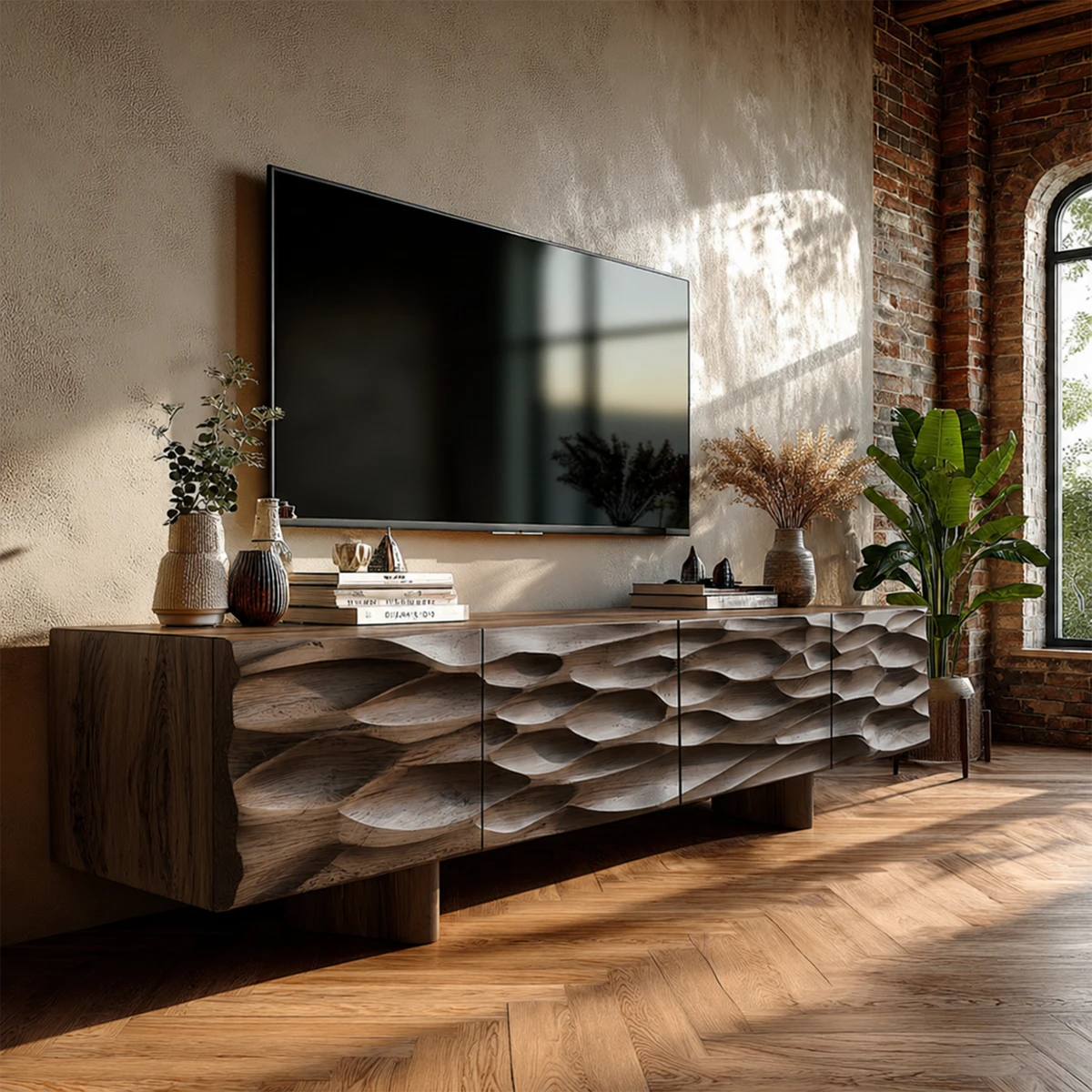 Minimalist TV stand with carved door details and natural wood tone in bright interior