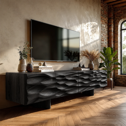 Entertainment console with artistic textured panels and natural wood look for homes