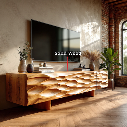Modern TV unit with decorative carved front and natural wood finish in cozy setting