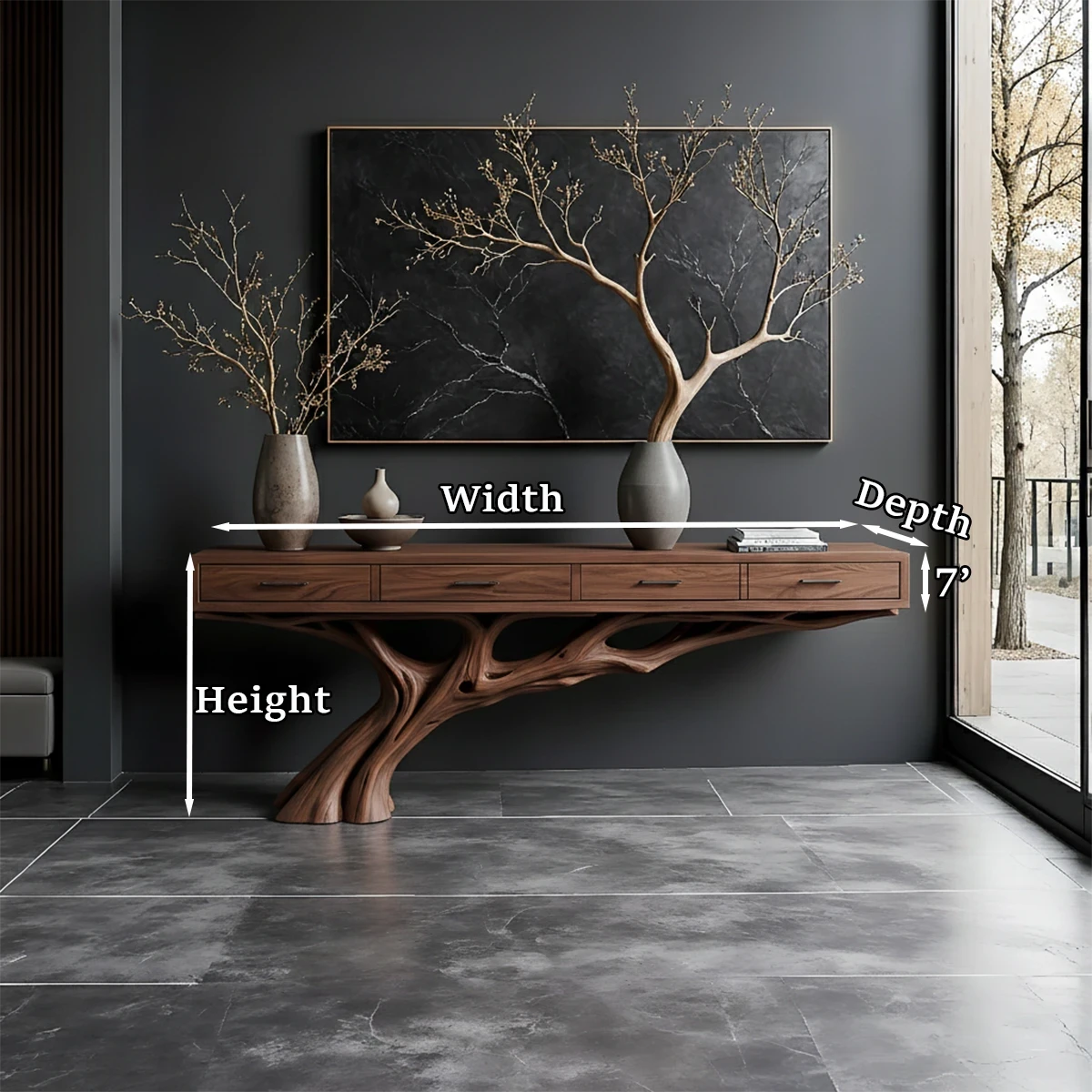 A solid wood console table with branching base form adds texture and visual interest to interiors