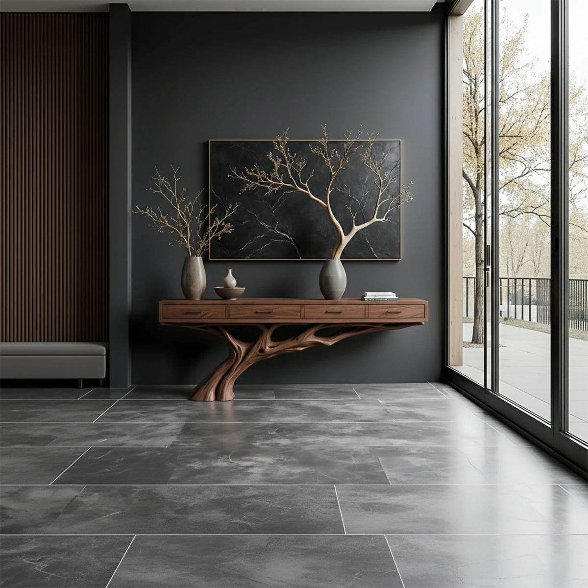 A statement console table featuring an organic tree base design adds depth to this contemporary space