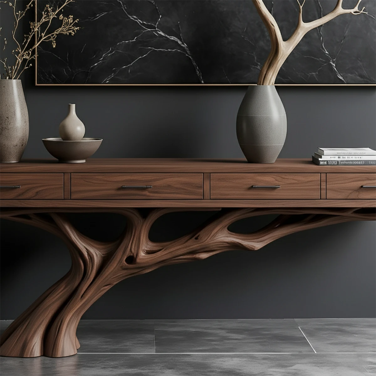 Solid wood console table with branching base structure creates a bold focal point in modern décor