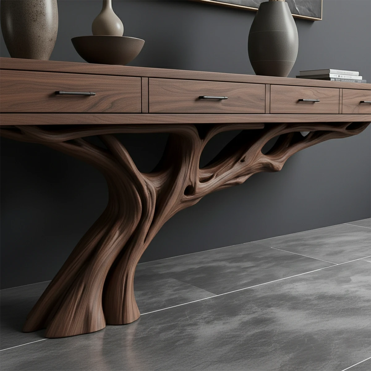 In this refined interior, a sculptural console table introduces natural form and artistic detail